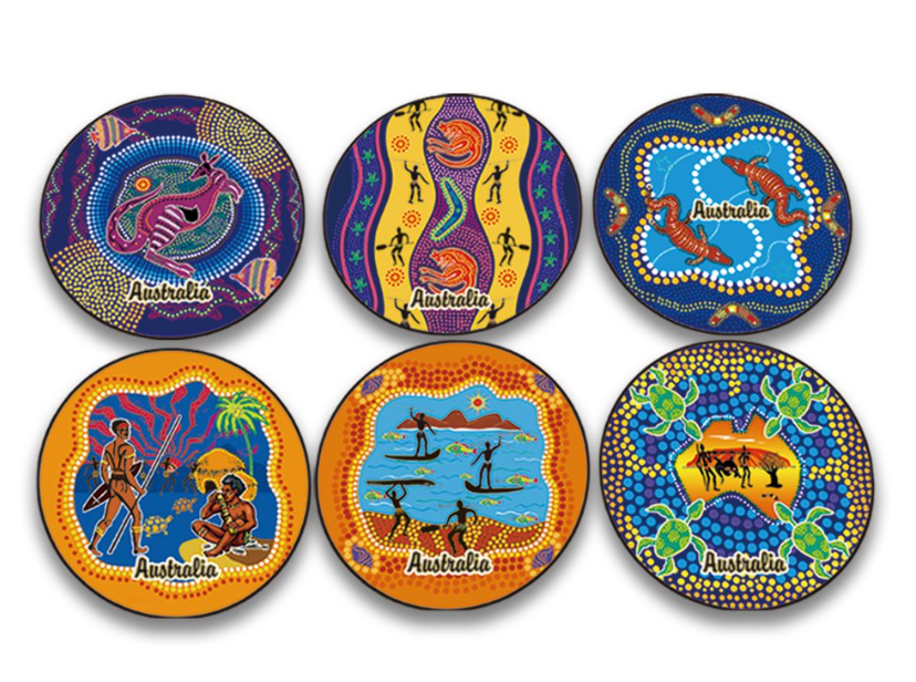 I Love Aus Boxed Coasters - Colourful Indigenous ( Round )