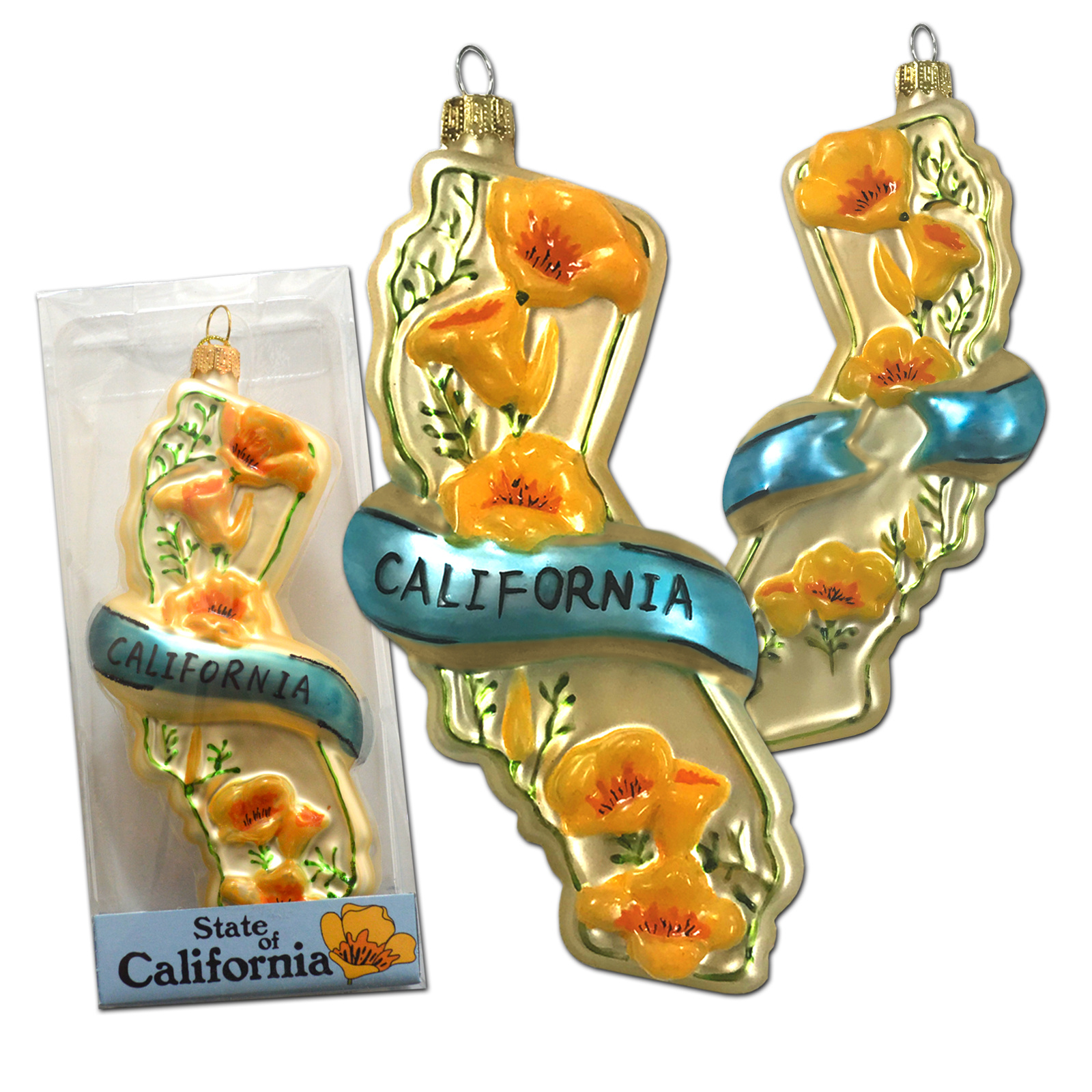 State of California w/ Poppies Glass Mold Ornament