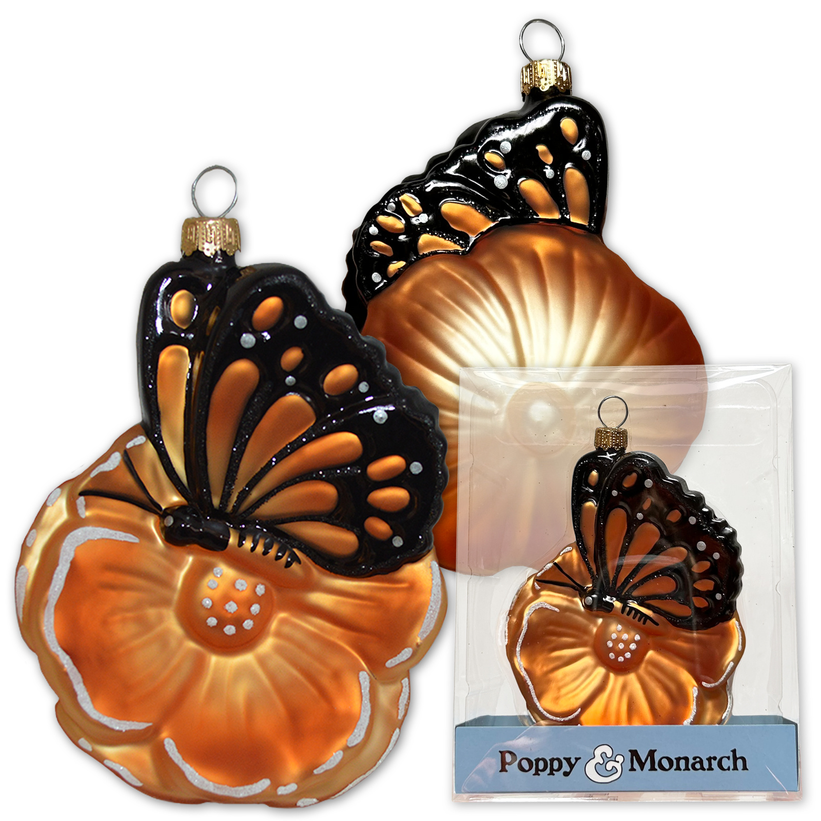 California Poppy with Monarch Butterfly Glass Mold Ornament