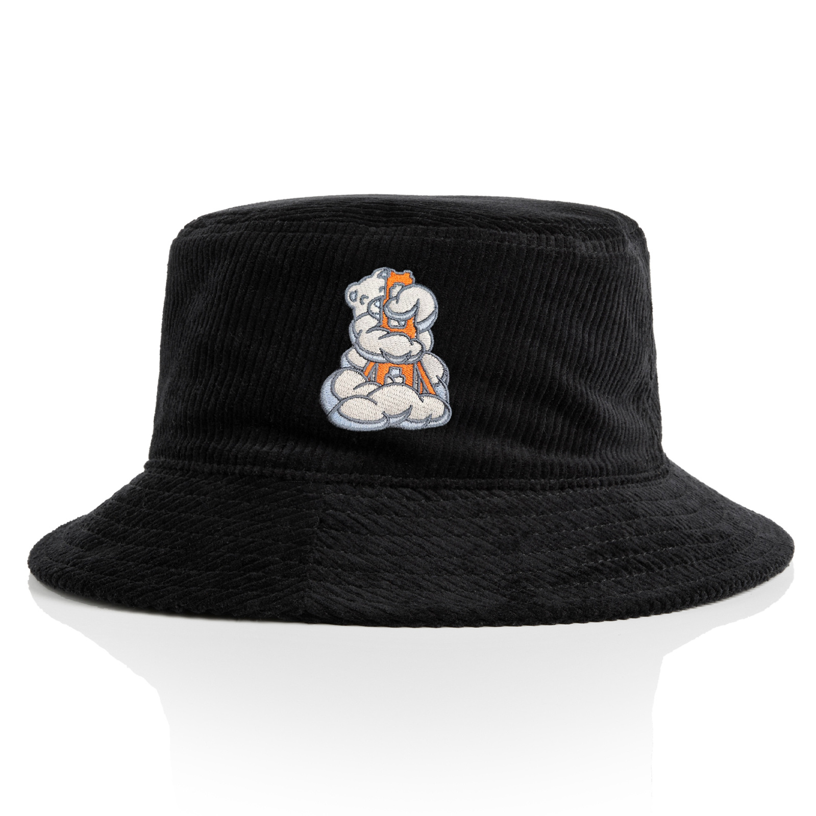 Bucket Hat, Black Corduroy, Embroidered with Karl the Fog