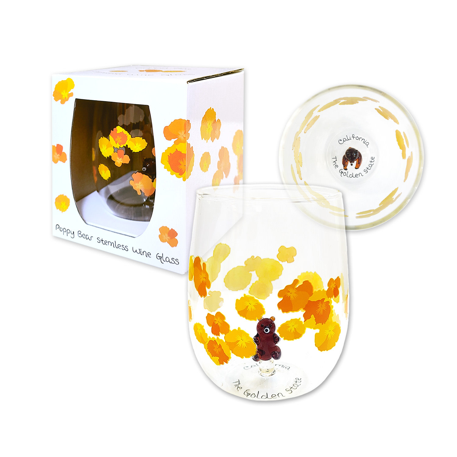 Poppy with Bear Figure Stemless Wine Glass