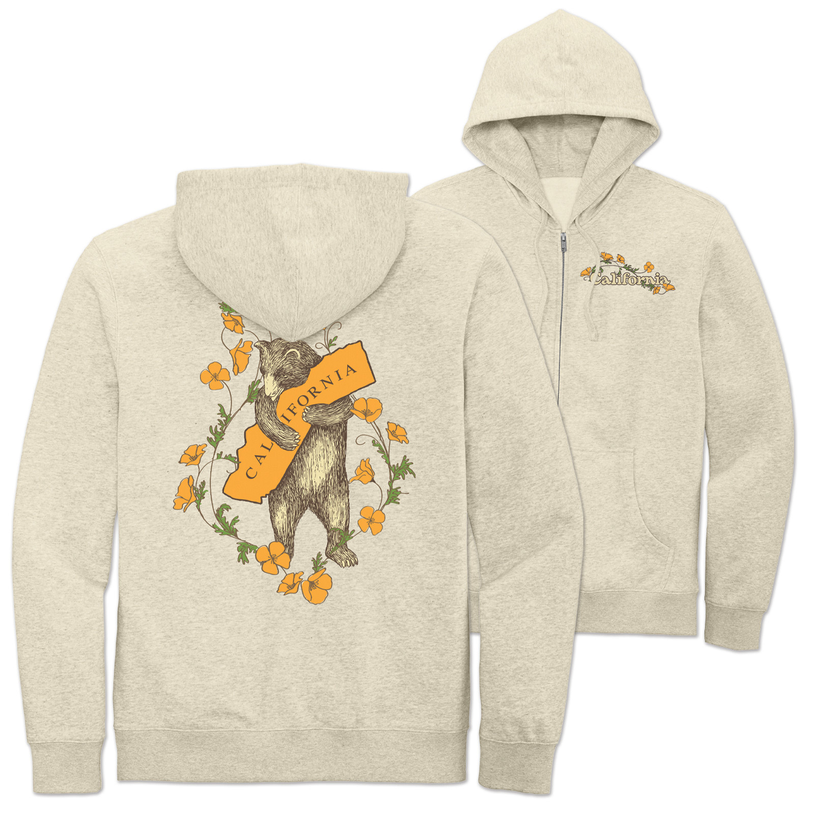CA State w/Poppies Bear Zip Hoodie, Oatmeal