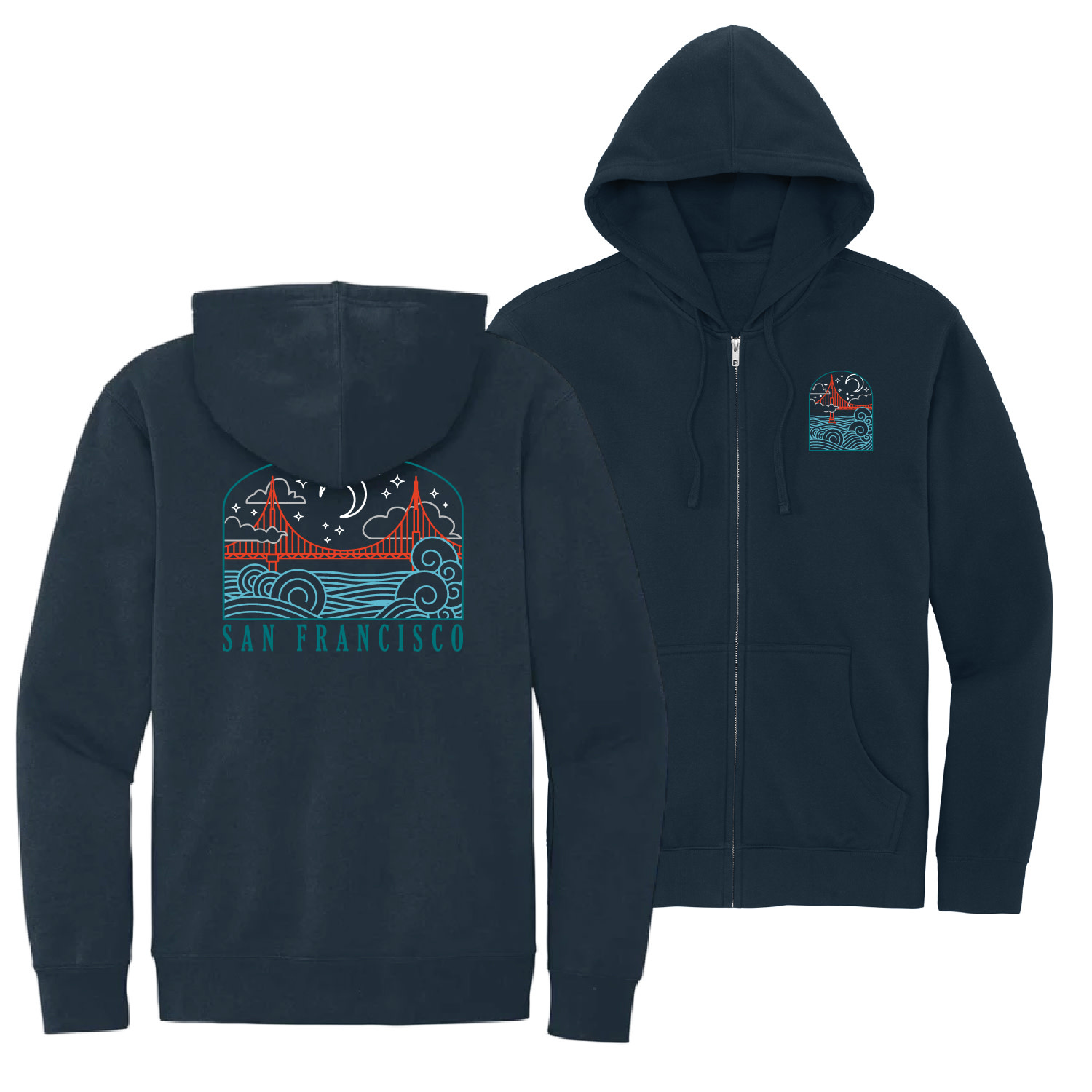 Wavy Bridge at Night Navy Zip Hoodie