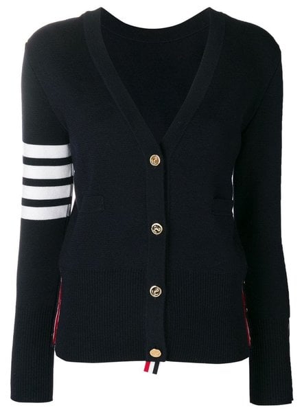 THOM BROWNE THOM BROWNE WOMEN BACK TO FRONT MILANO V NECK CARDIGAN WITH 4 BAR STRIPE IN FINE MERINO WOOL