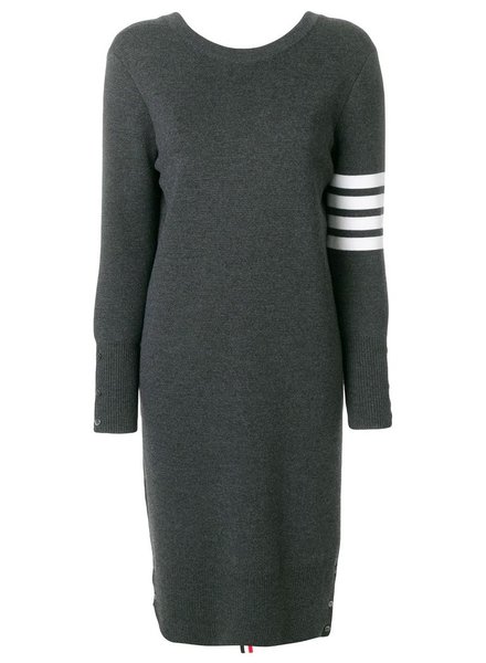 THOM BROWNE THOM BROWNE WOMEN BACK TO FRONT MILANO V NECK CARDIGAN DRESS WITH 4 BAR STRIPE IN FINE MERINO WOOL