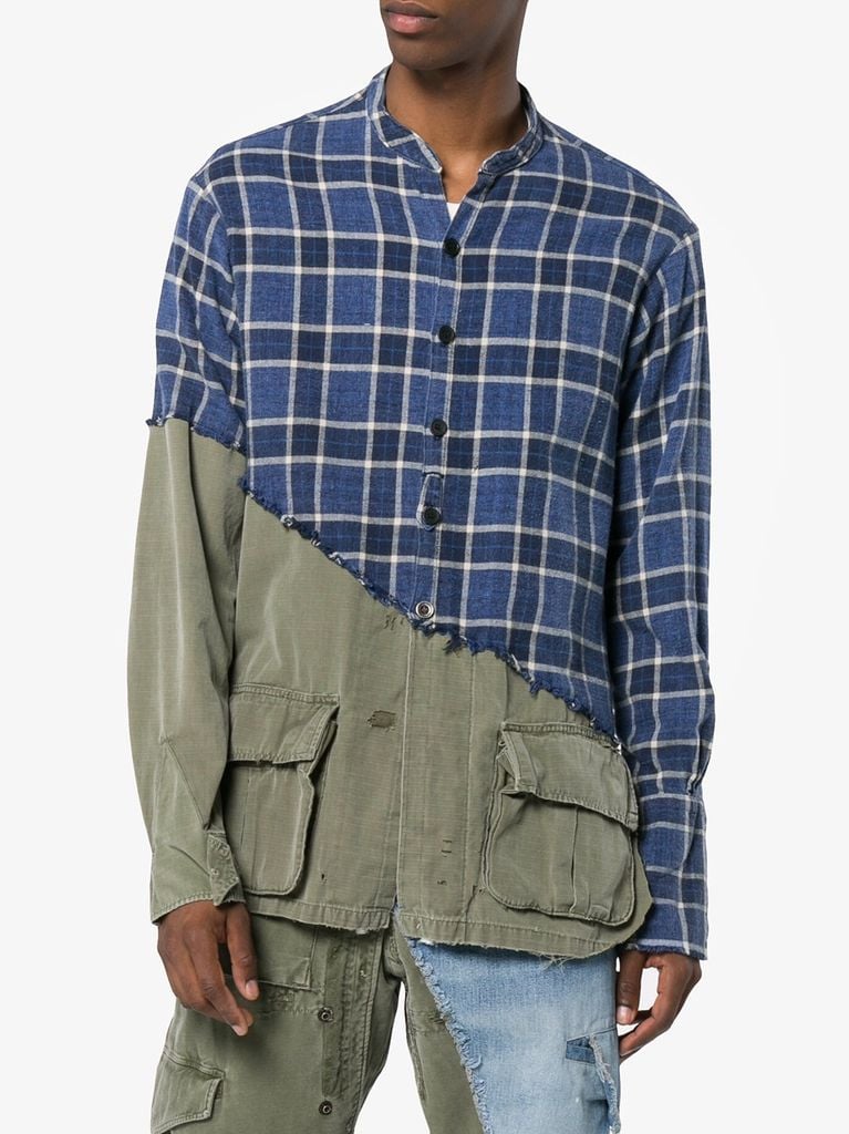 GREG LAUREN MEN 50/50 BLUE MOON FLANNEL/ARMY JUNGLE STUDIO SHIRT