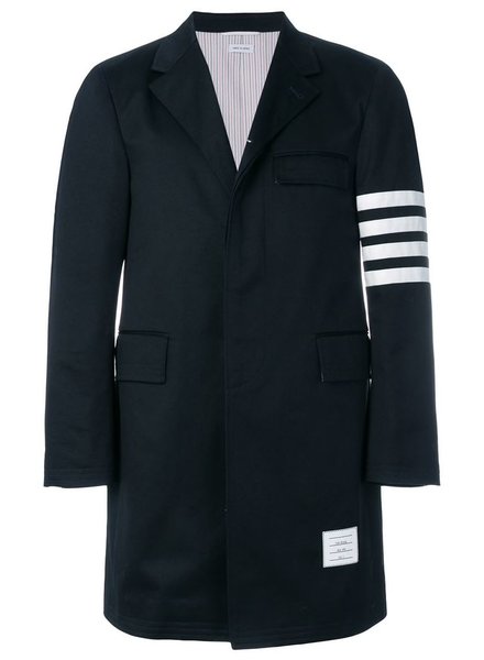 THOM BROWNE THOM BROWNE MEN UNCONSTRUCTED CLASSIC CHESTERFIELD OVERCOAT (35-) W/ SEAMED IN 4 BAR STRIPE IN COTTON TWILL