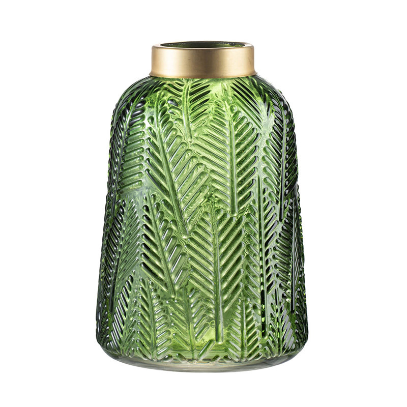 Leaf Print GREEN Glass Hurricane/Vase 9.5"