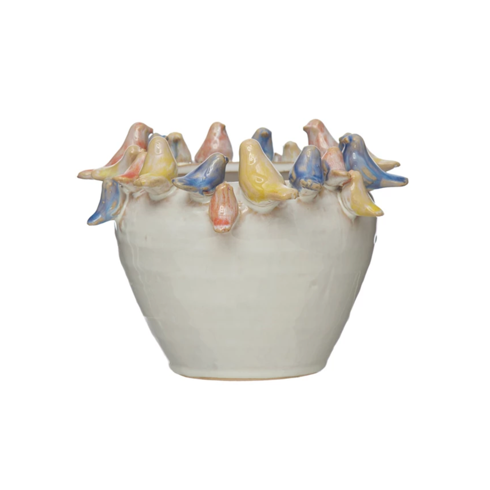 Stoneware Planter with Colorful Birds on Rim