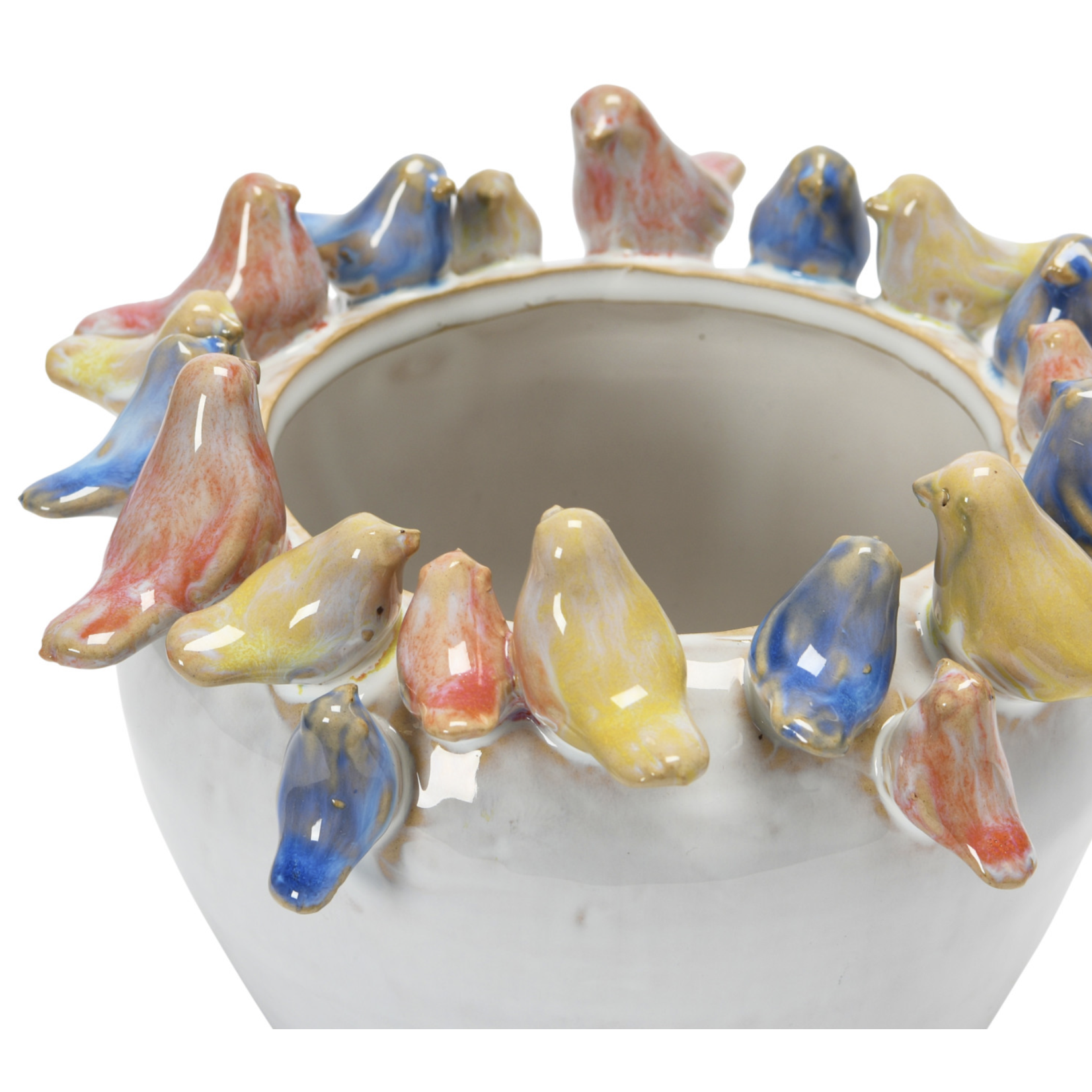 Stoneware Planter with Colorful Birds on Rim
