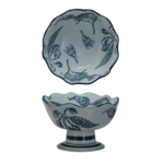 Blue Scalloped Botanical Pedestal Bowl 6"