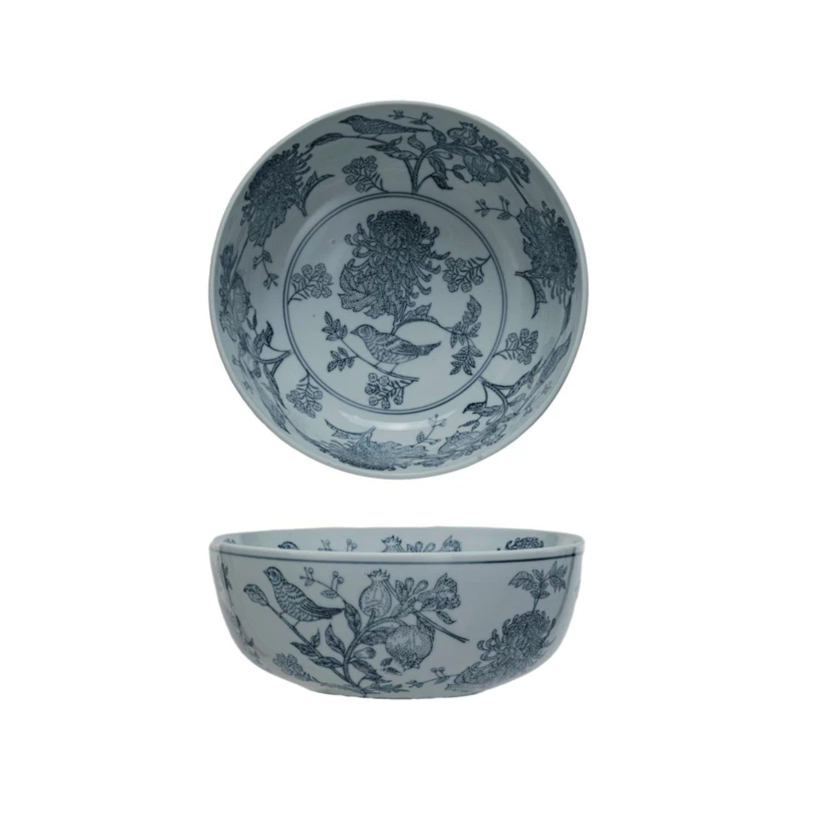 Round Blue Botanicals & Birds Stoneware Bowl