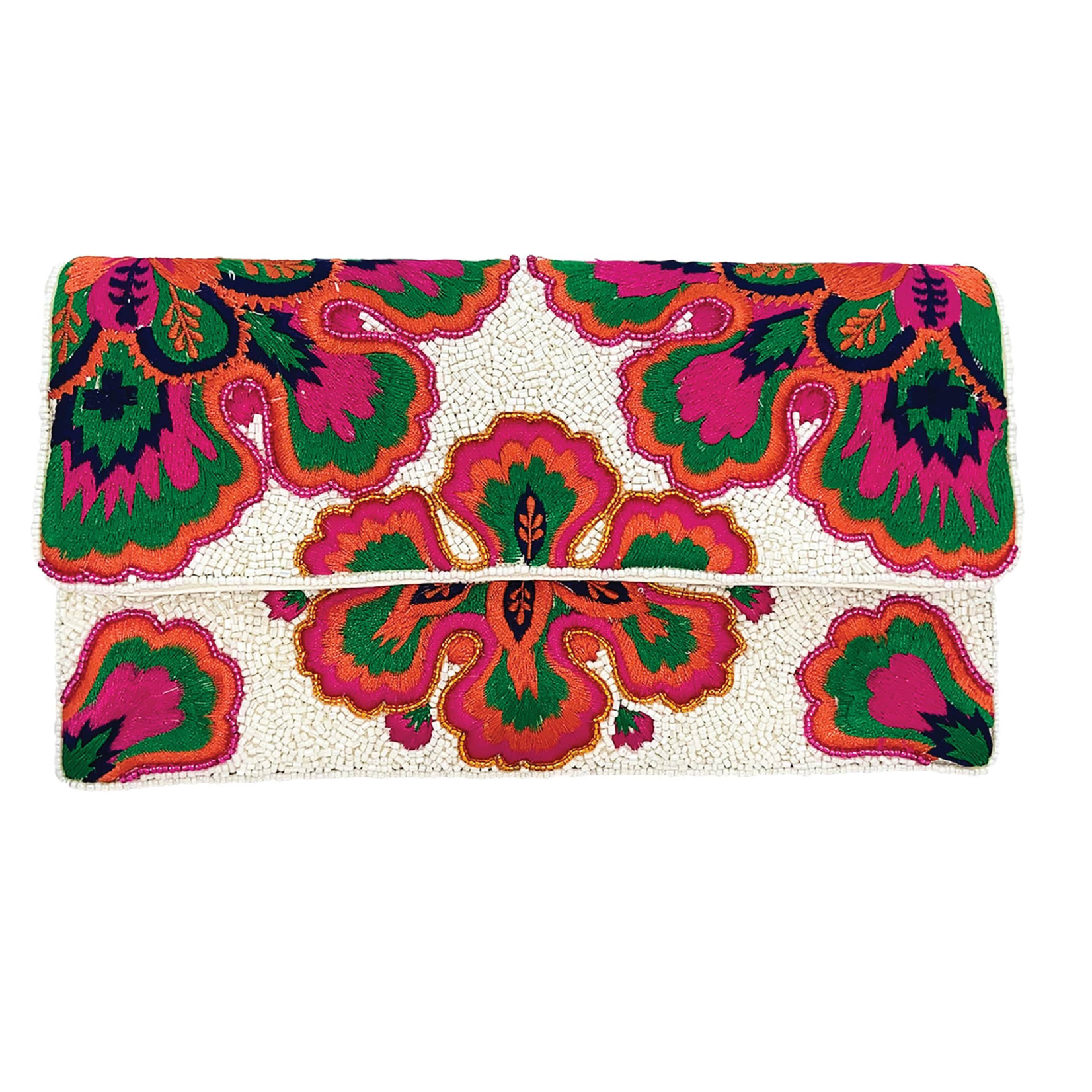 White Multicolored Floral Beaded Clutch