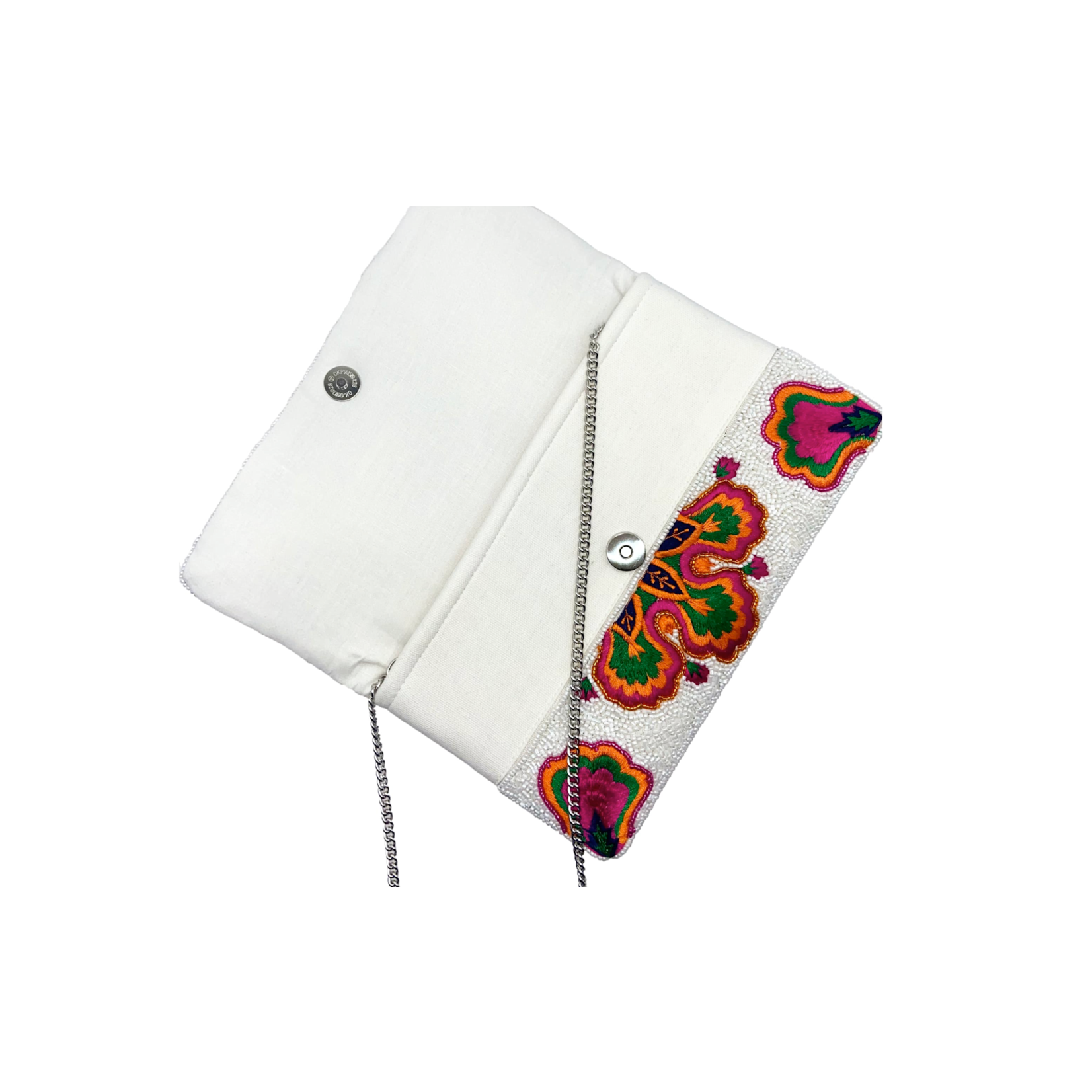White Multicolored Floral Beaded Clutch
