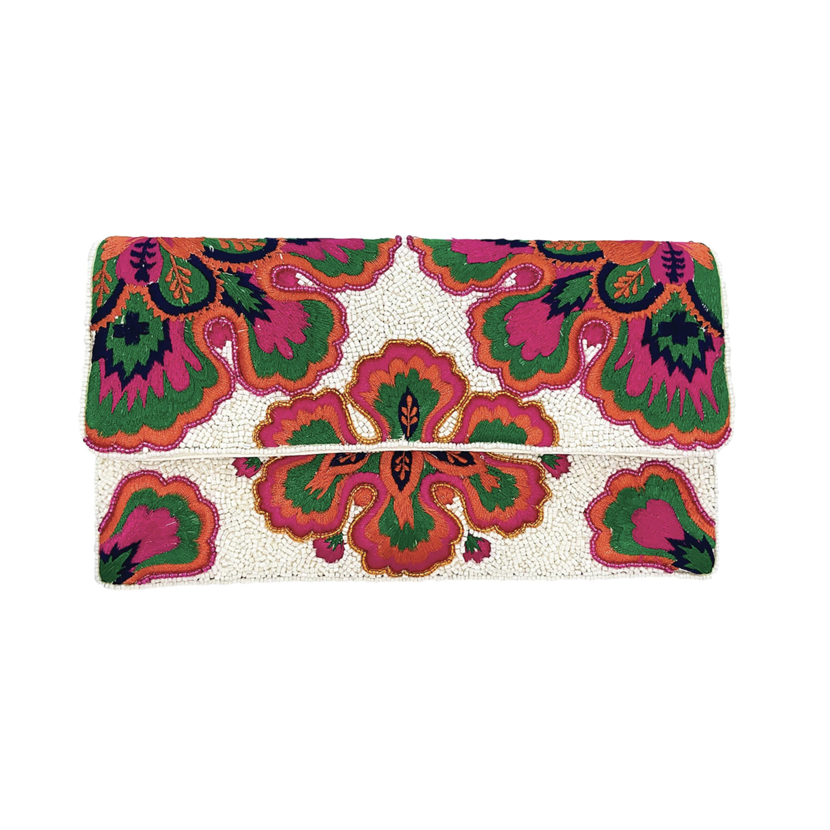 White Multicolored Floral Beaded Clutch