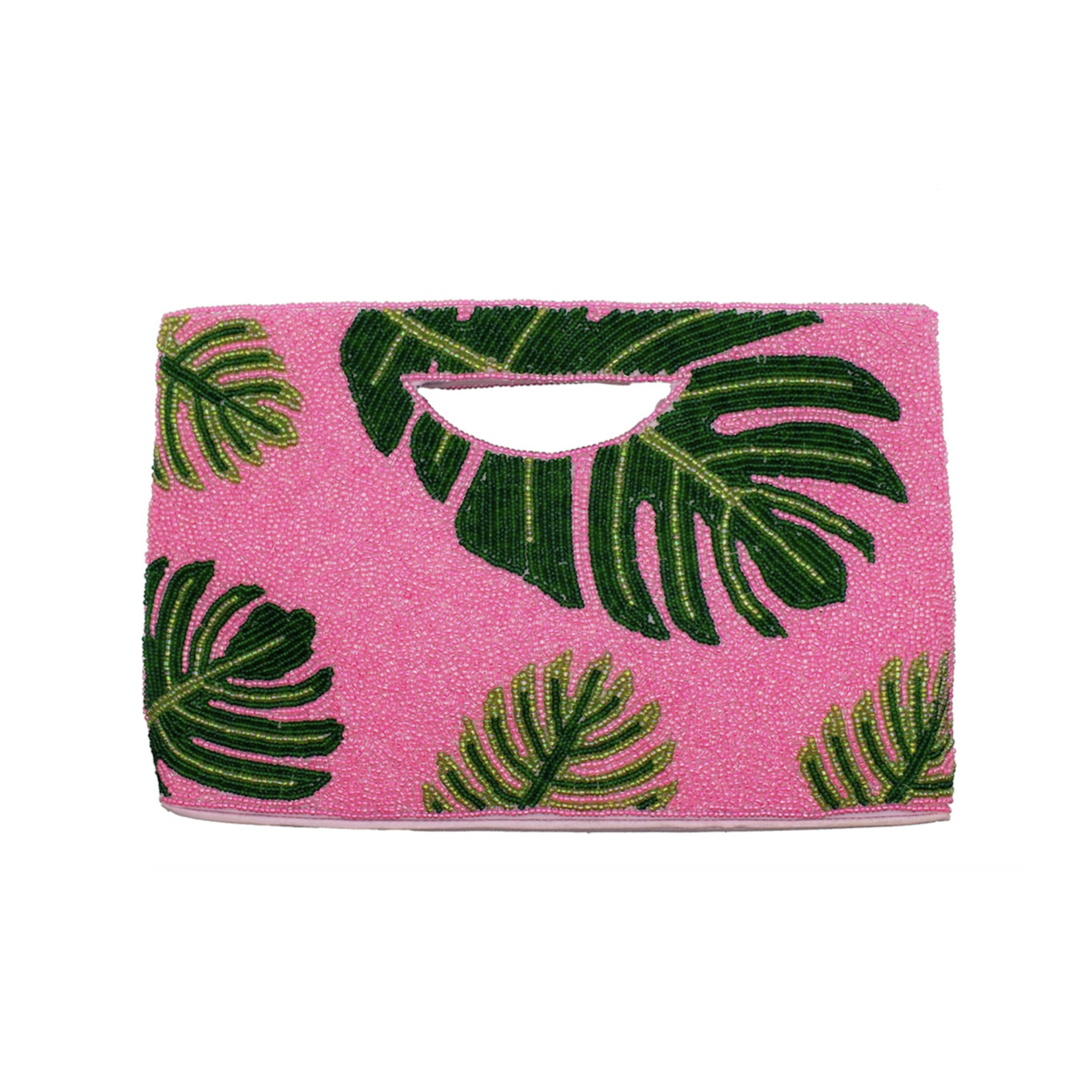 Hot Pink Palm Leaf Beaded Clutch