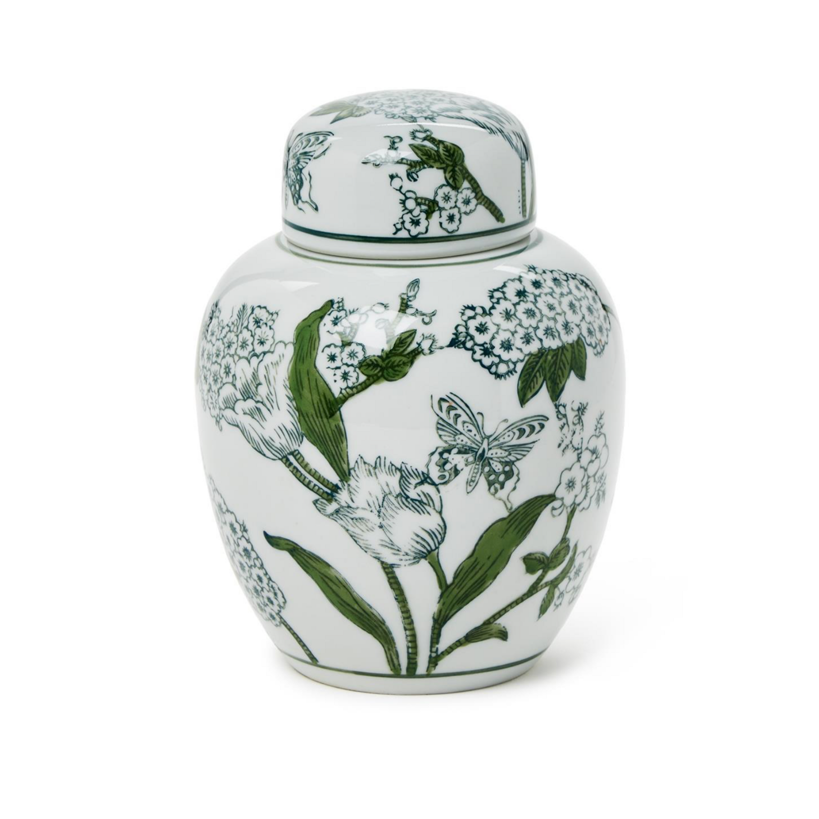 Green/White Lidded Butterfly Floral Chinoiserie Jar
