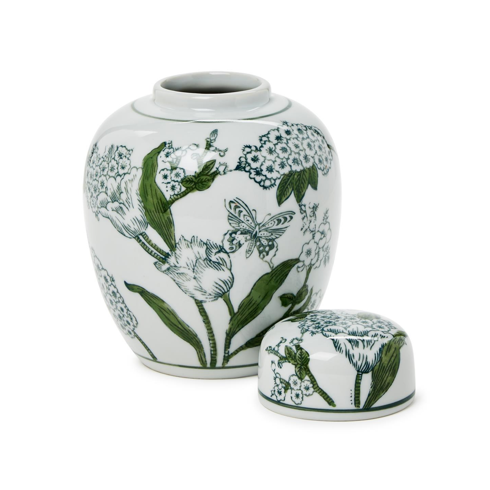 Green/White Lidded Butterfly Floral Chinoiserie Jar