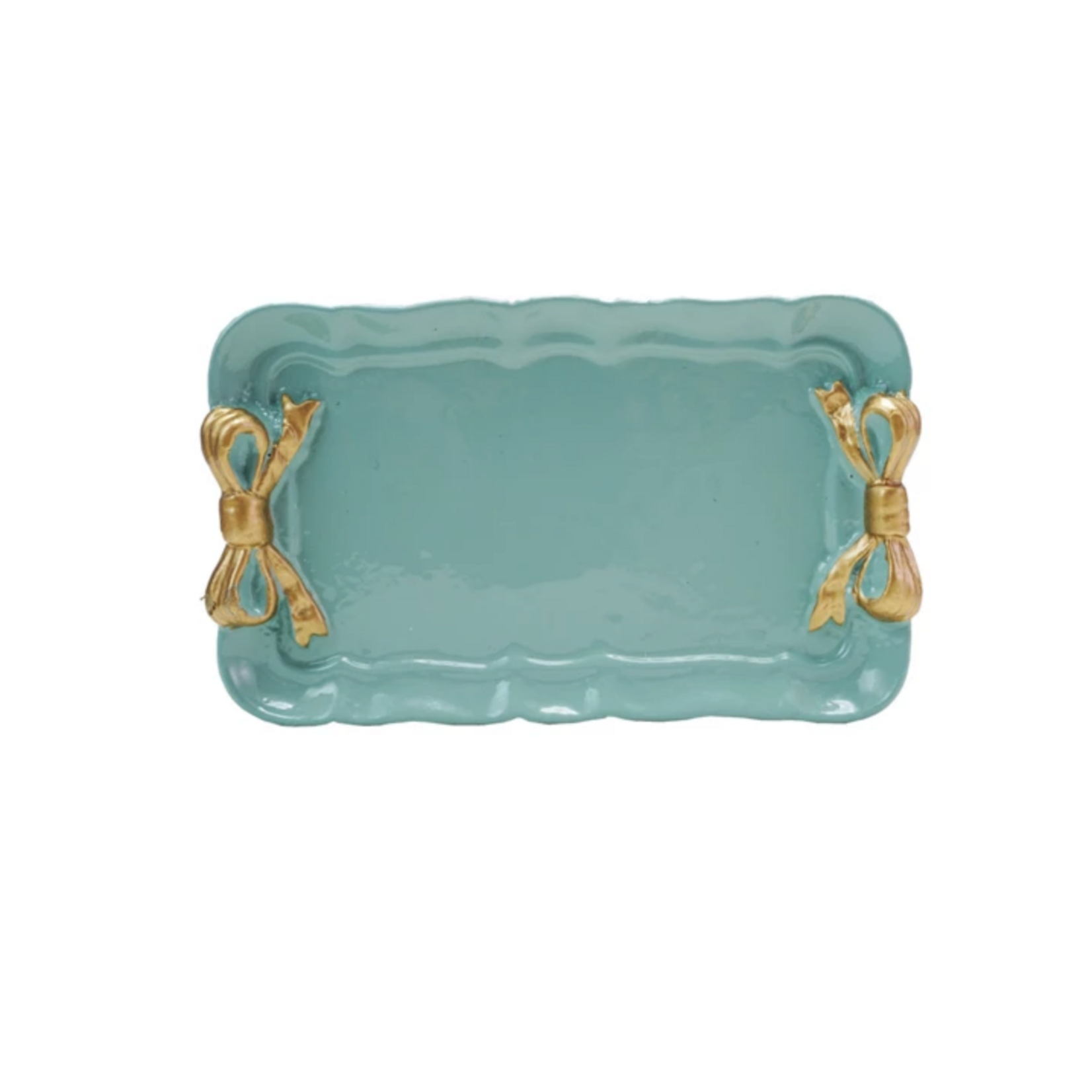 Metal Aqua Gold Bow Handled Tray