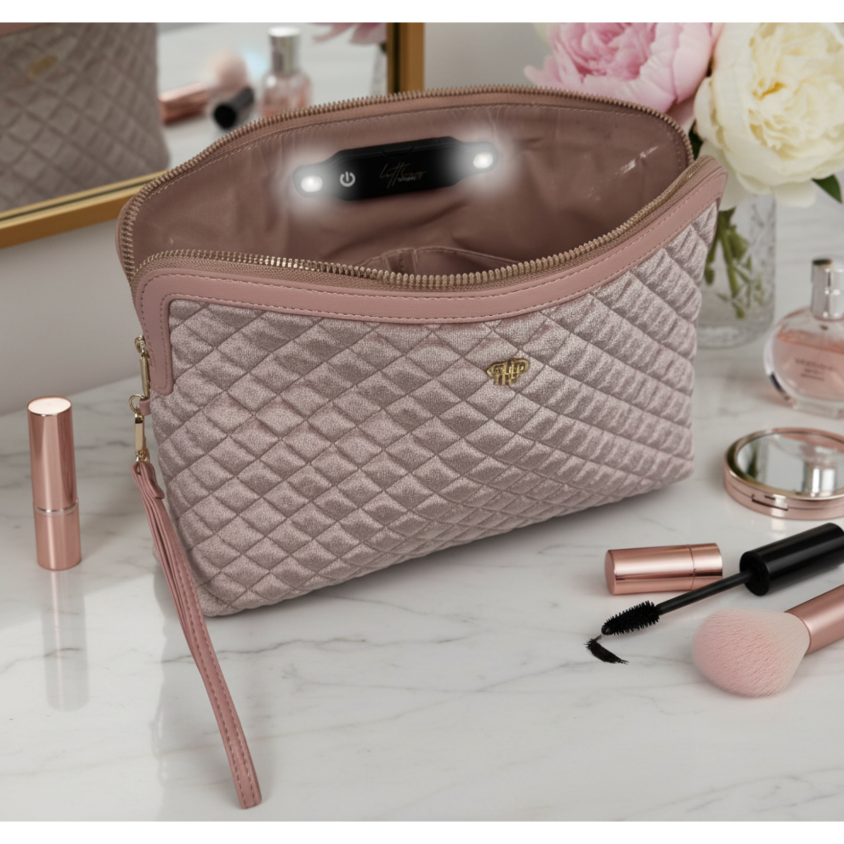 Quilted Blush Velvet LITT Makeup Bag