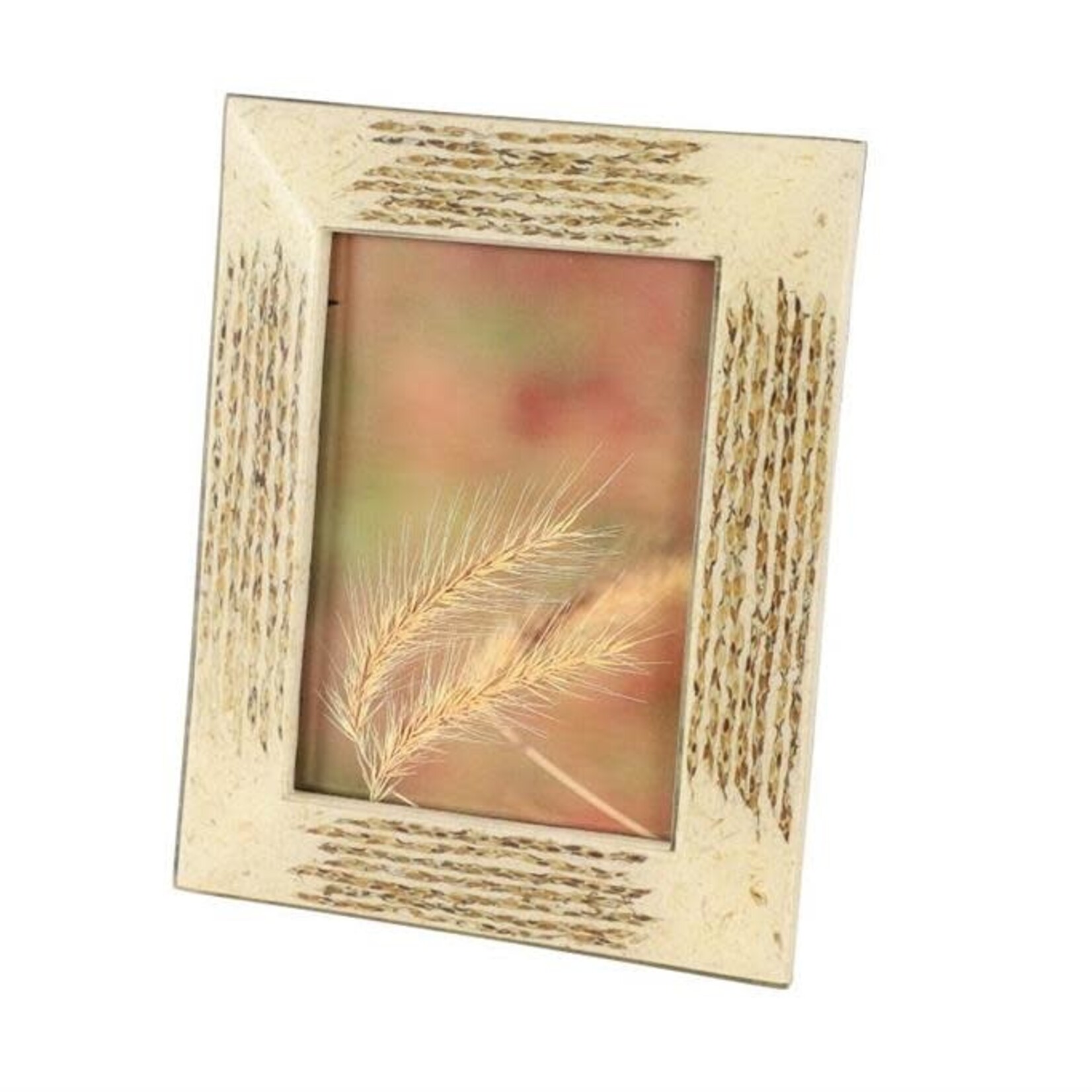 UMA Enterprises 45192 Lg Inlaid Beige/Gold Vervain & Sentiment Grass Pic Frame, 7.5" x 9"