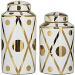 UMA Enterprises 29621L White Ceramic Geometric Decorative Jars Gold Accents 14" Large