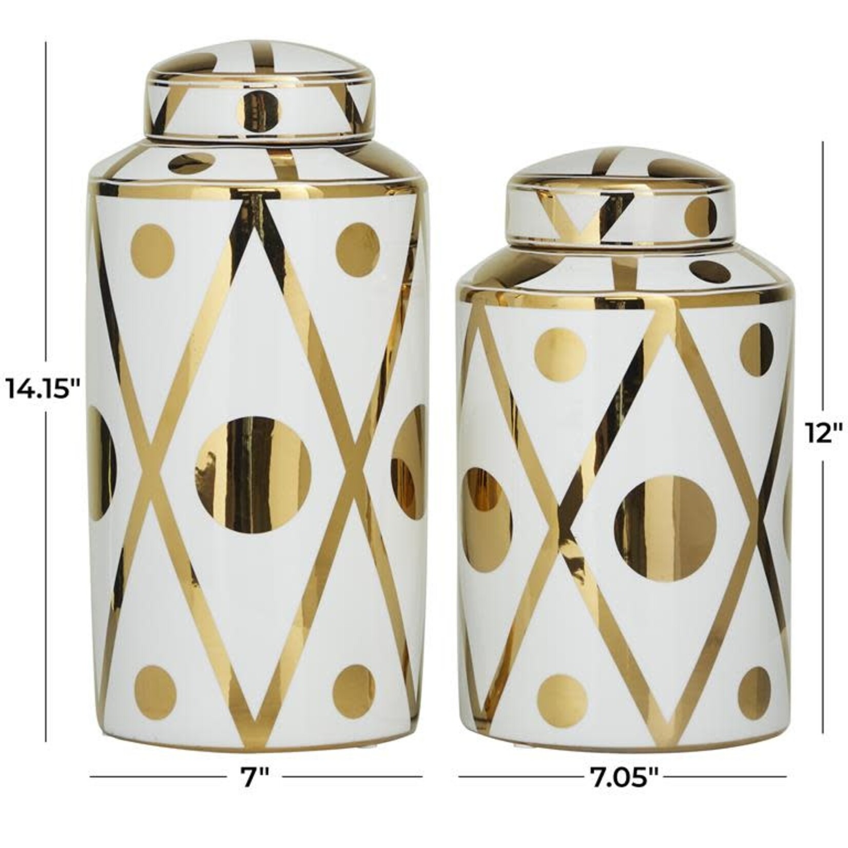 UMA Enterprises 29621S White Ceramic Geometric Decorative Jars Gold Accents 12" Small