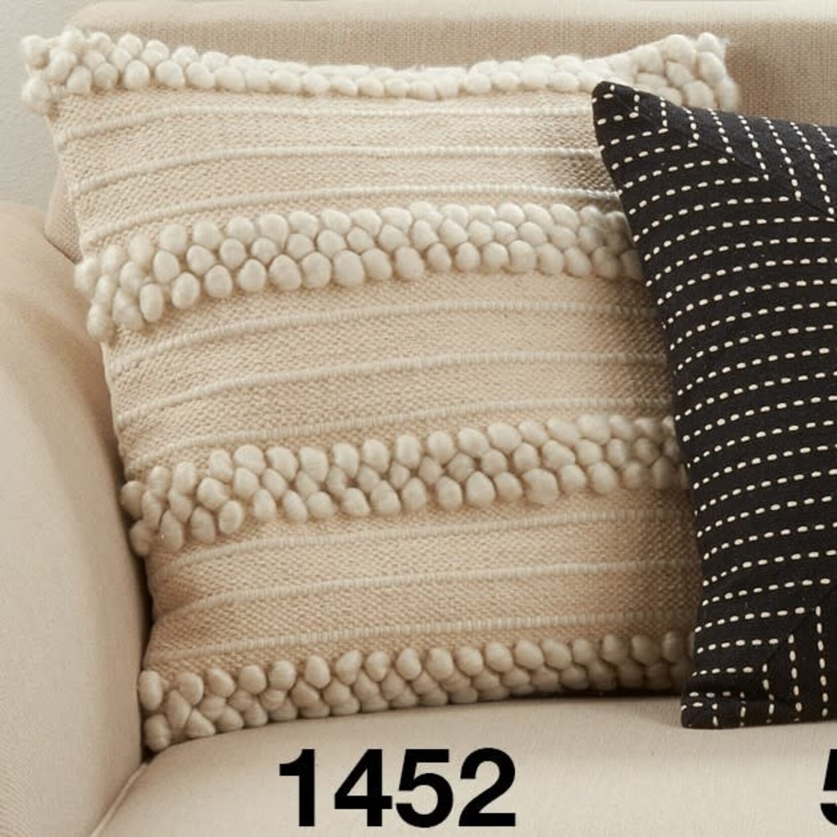 Saro 1452.I18SP Pom Pom Striped Pillow 18" Sq Poly Filled Ivory