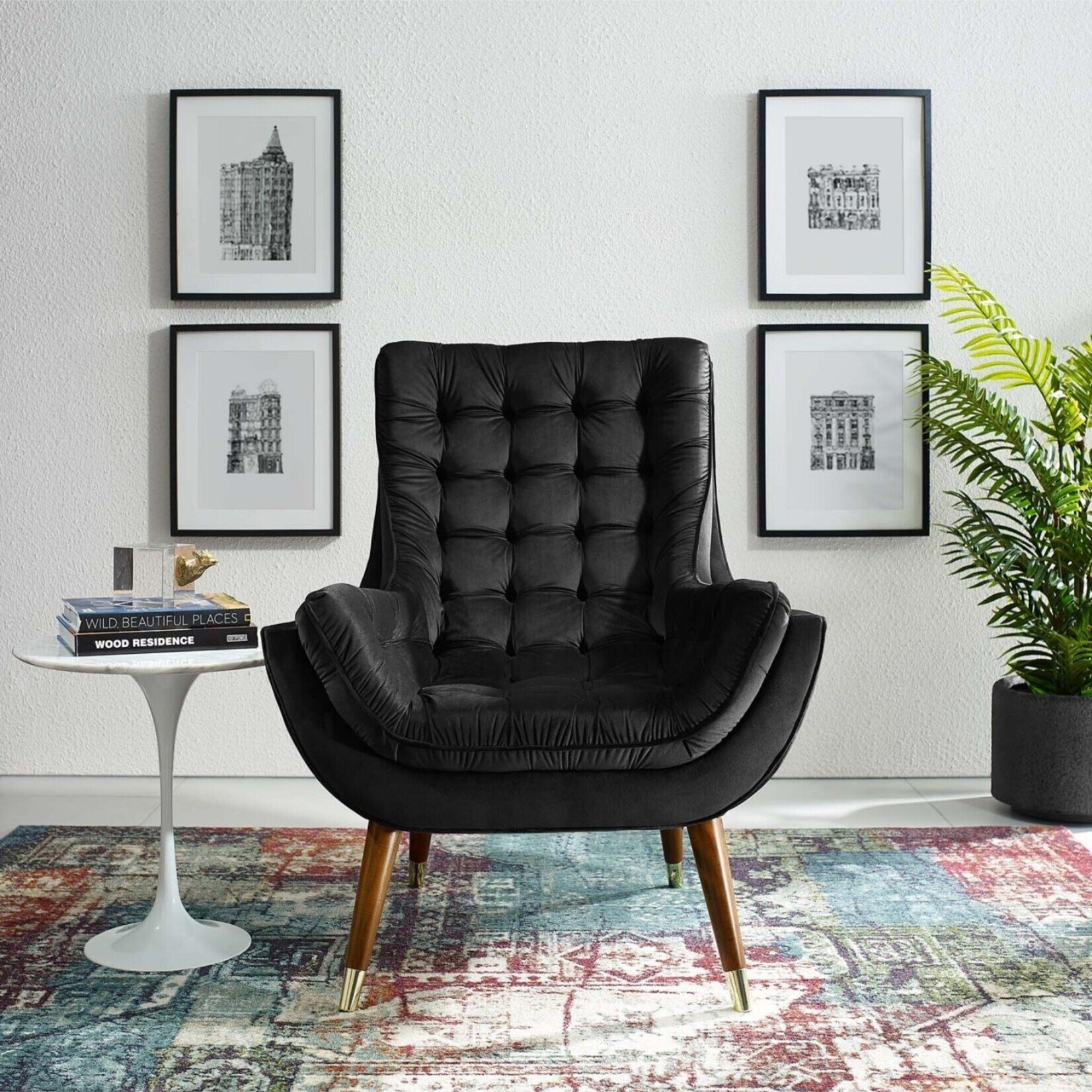 modway EEI-3001-BLK Suggest Button Tufted Performance Velvet Lounge Chair-Black