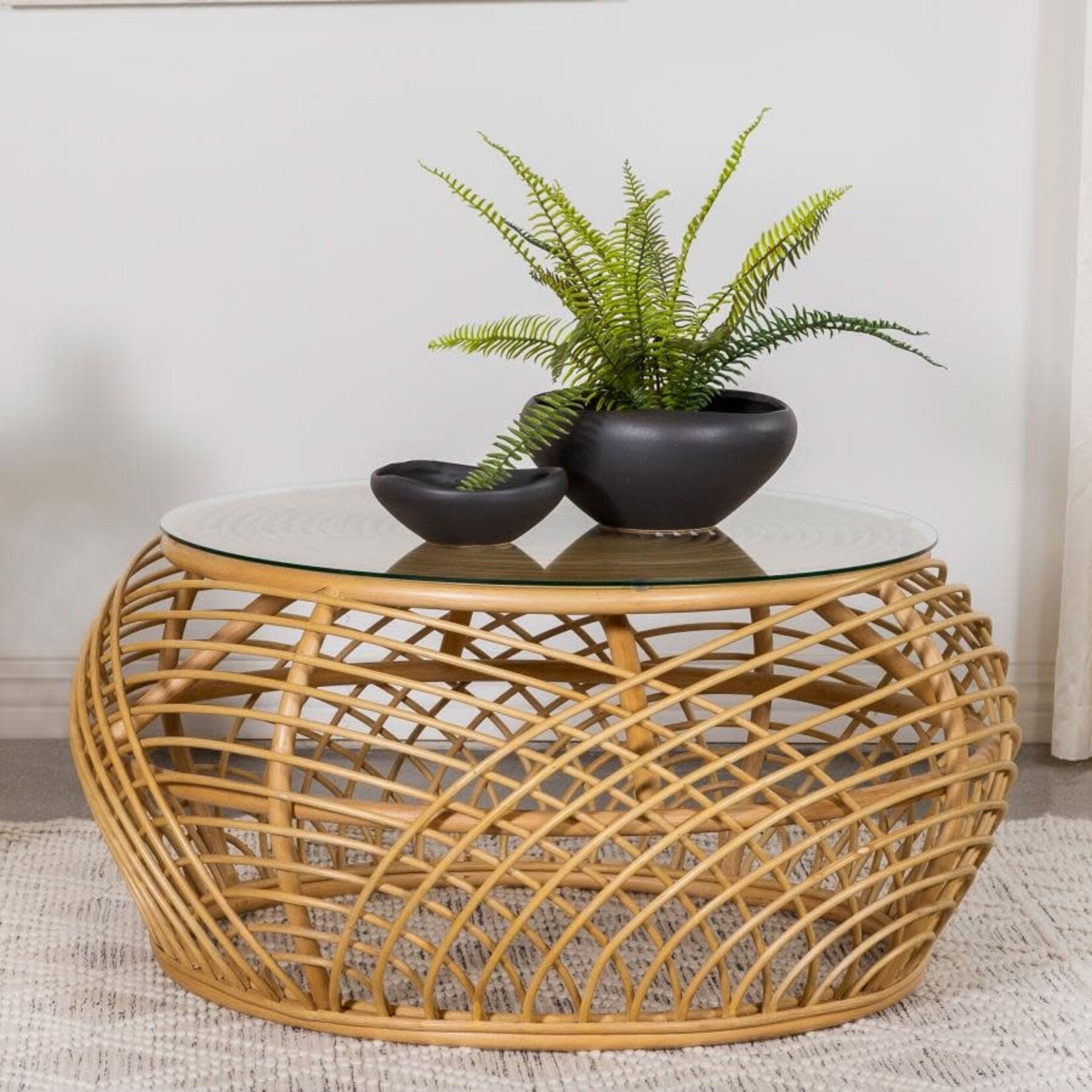 Coaster Furniture 709808  Dahlia Round Glass Top Woven Rattan Coffee Table Natural Brown