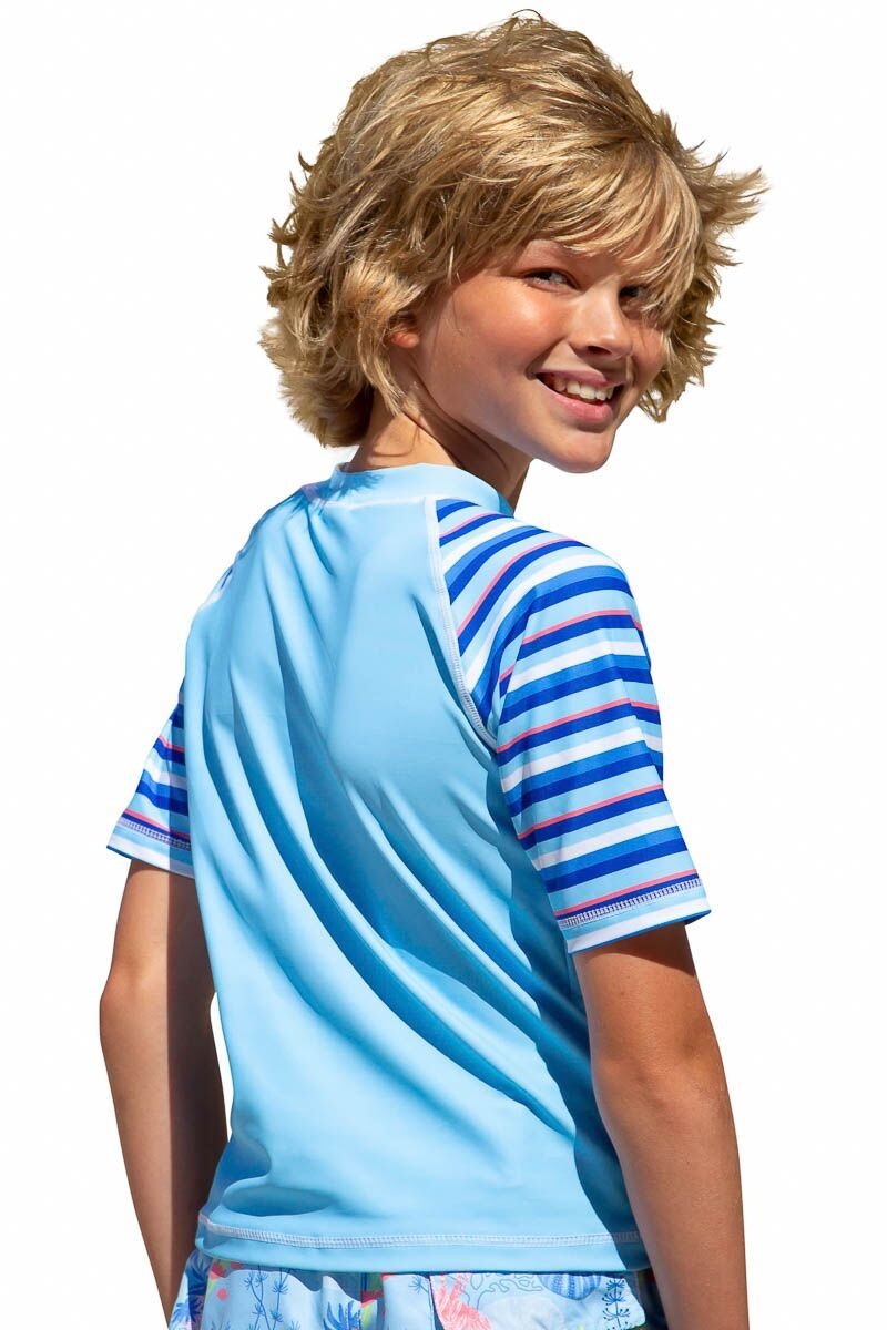Sun Emporium Sun Emporium Boys Rash Guard Short Sleeve Sky Blue/Stripe