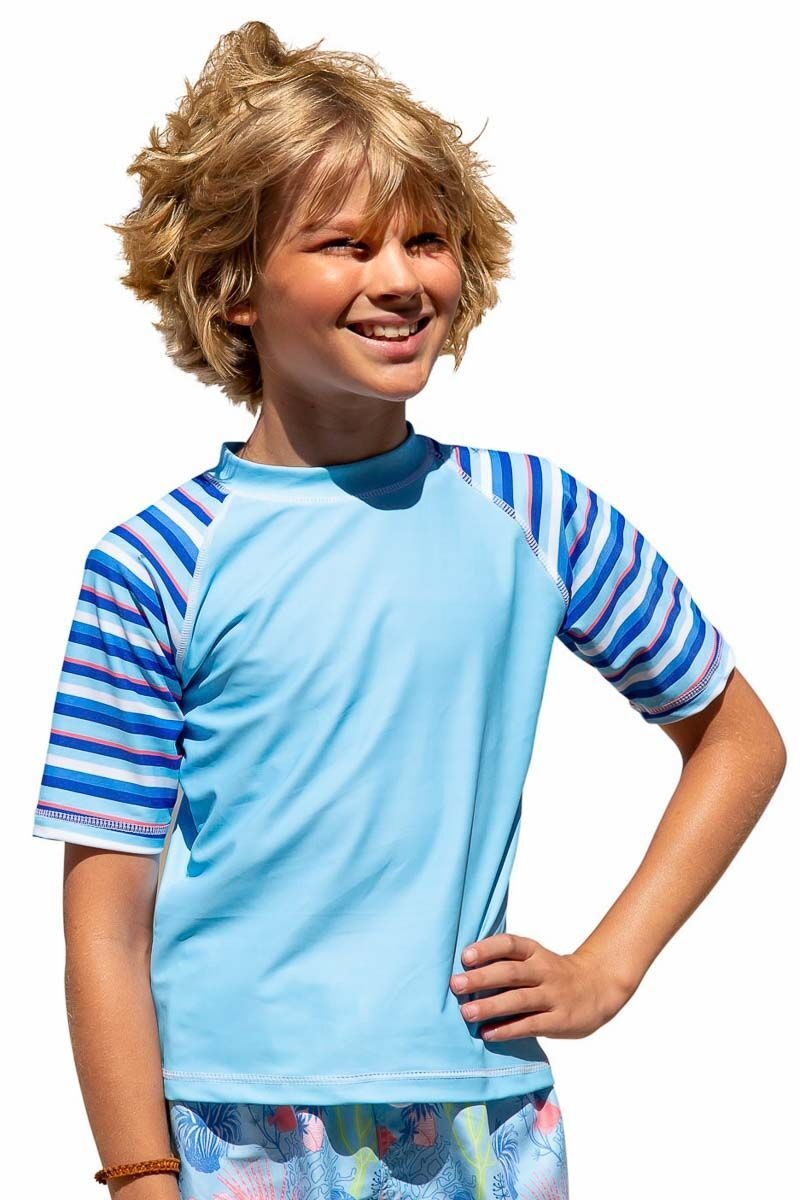 Sun Emporium Sun Emporium Boys Rash Guard Short Sleeve Sky Blue/Stripe