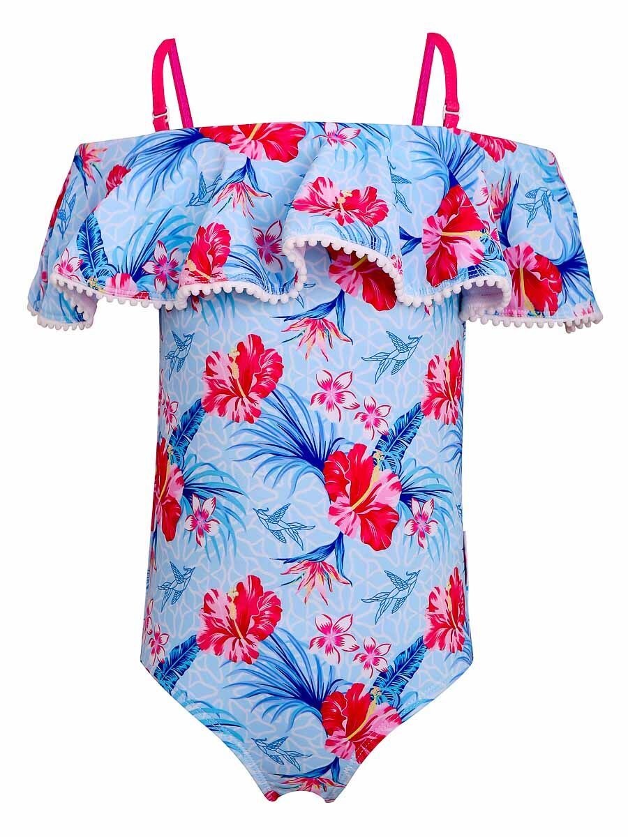 Sun Emporium Sun Emporium Girls One-Piece Swimsuit with Pom Poms on  Ruffle Trim Halcyon Days Print