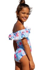 Sun Emporium Sun Emporium Girls One-Piece Swimsuit with Pom Poms on  Ruffle Trim Halcyon Days Print