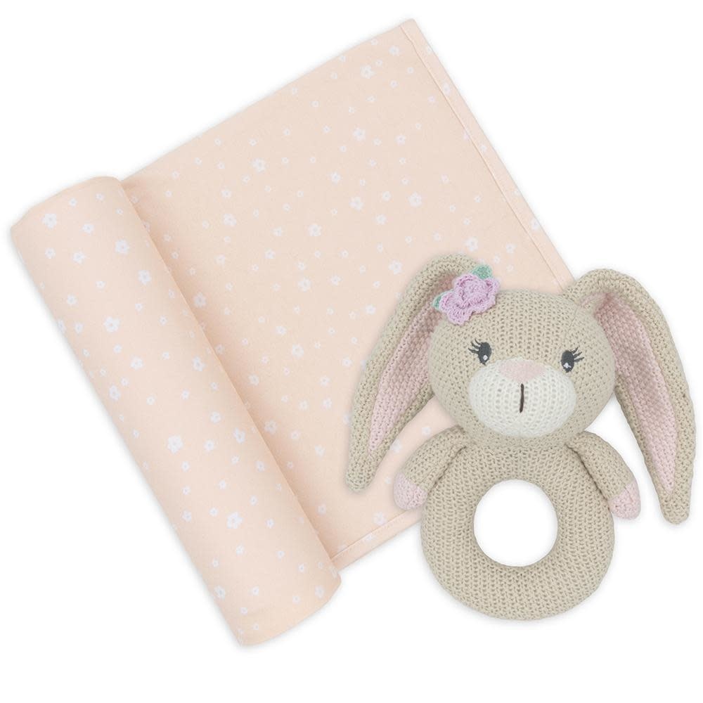 Living Textiles Living Textiles Jersey Swaddle & Ring Rattle Gift Set - Floral/Bunny