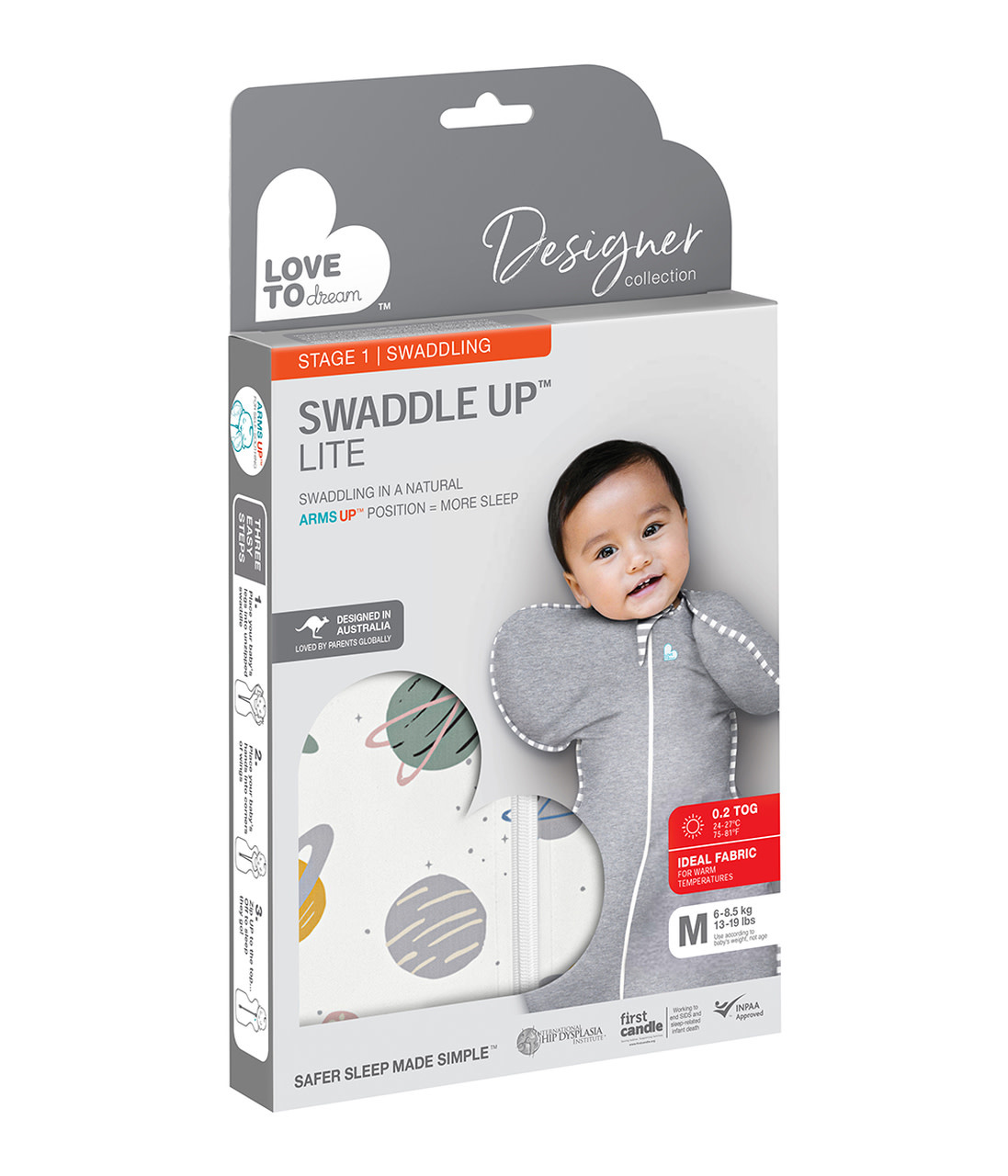 Love To Dream Love to Dream Swaddle Up™ Lite 0.2 TOG Space Print White- Designer Collection