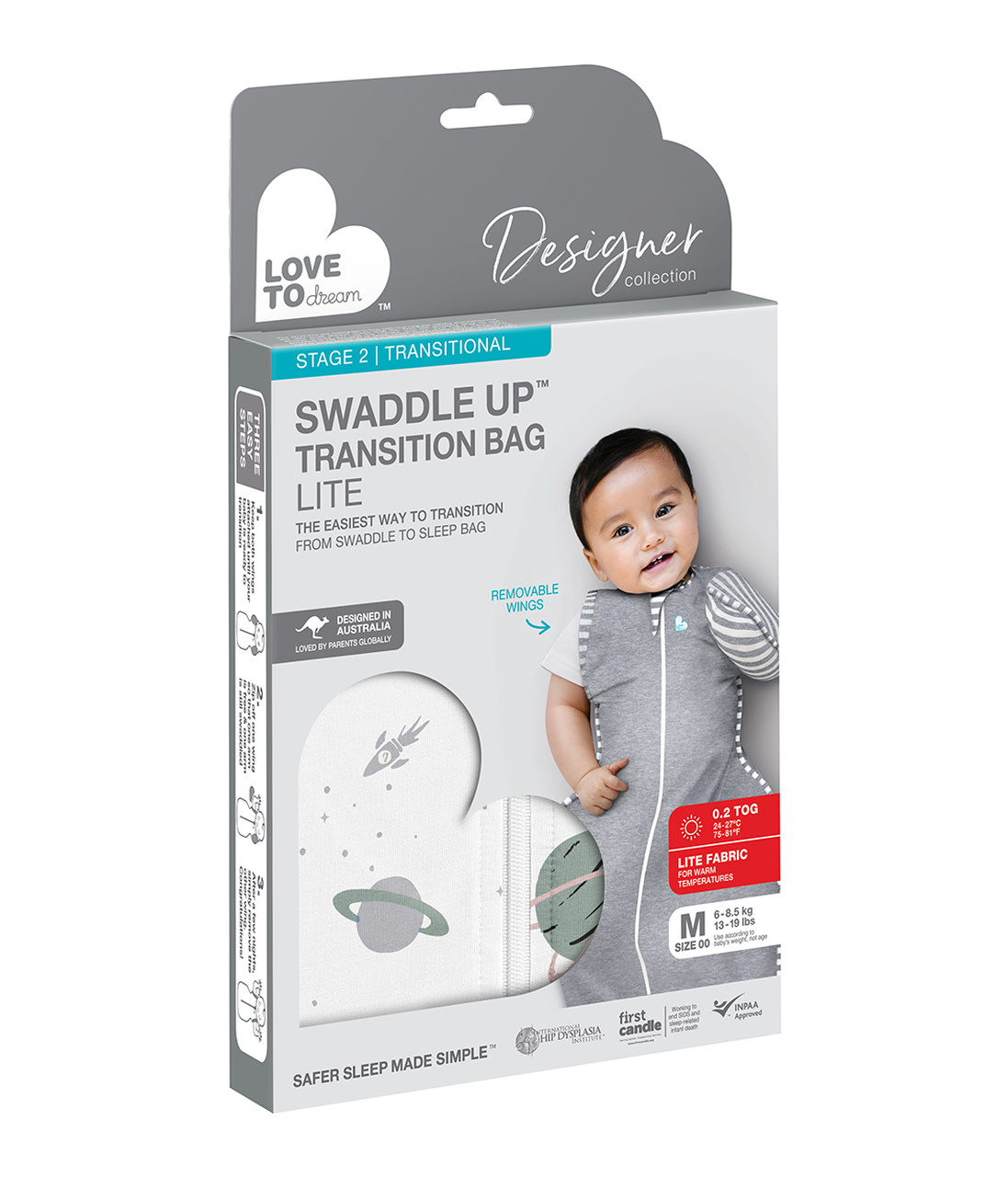 Love To Dream Love to Dream Swaddle Up™ Transition Bag Lite 0.2 TOG Space Print White - Designer Collection