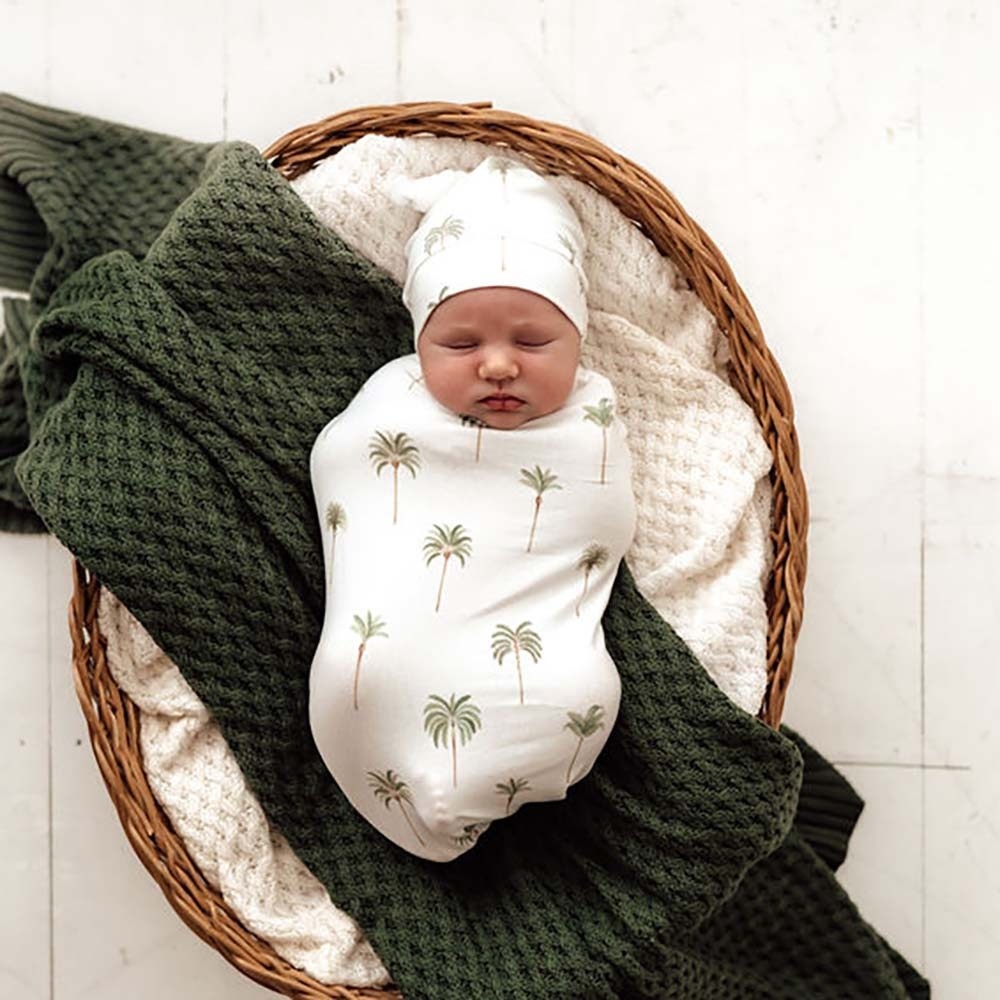 Snuggle Hunny Kids Snuggle Hunny Green Palm Organic Snuggle Swaddle Beanie Set Sweet Lullabies