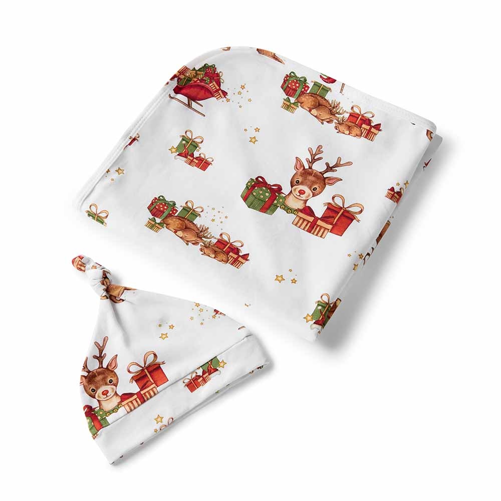 Snuggle Hunny Kids Snuggle Hunny Reindeer Organic Jersey Wrap & Beanie Set + Milestone Card