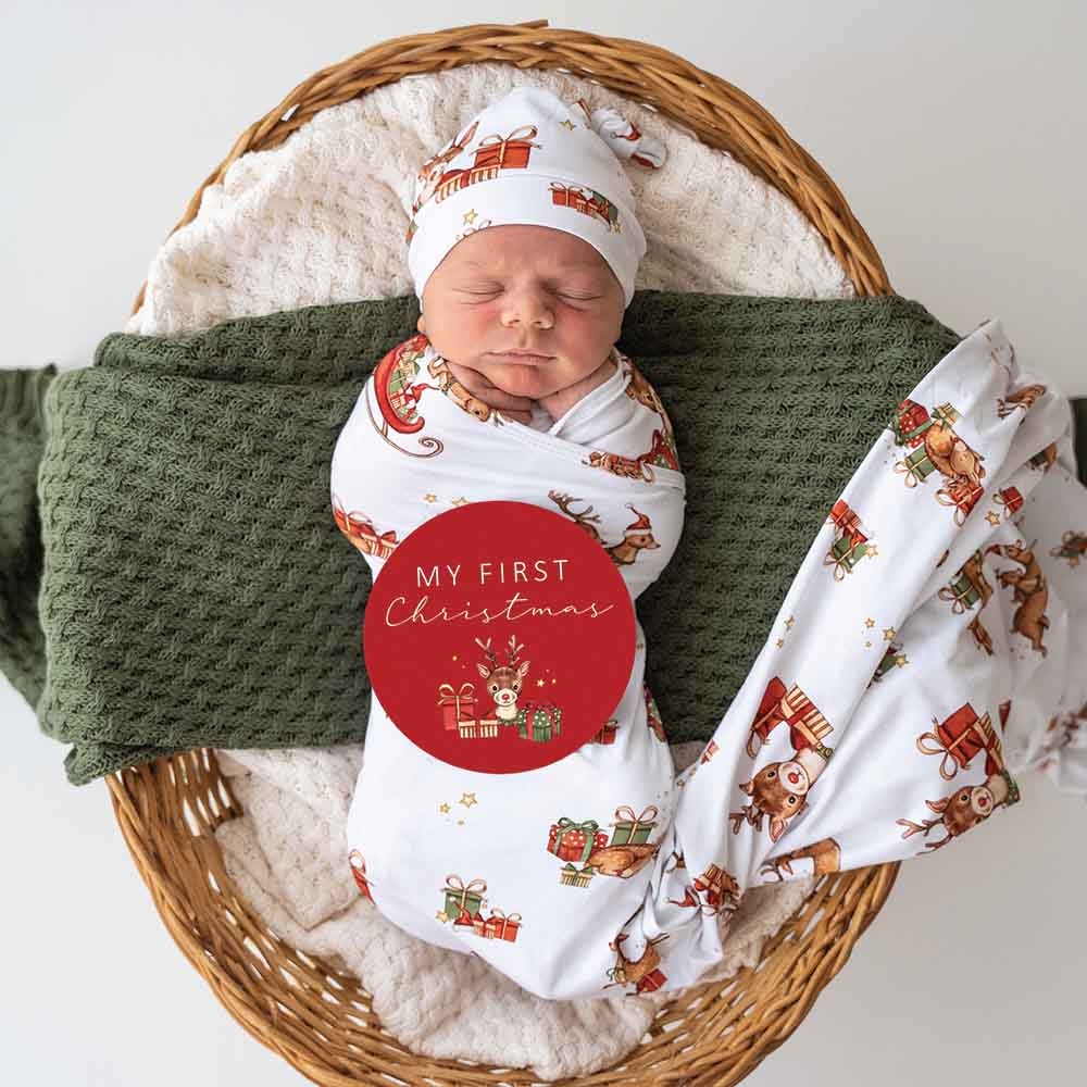 Snuggle Hunny Kids Snuggle Hunny Reindeer Organic Jersey Wrap & Beanie Set + Milestone Card