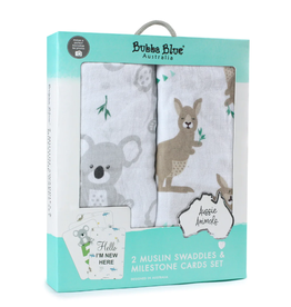 Bubba Blue Aussie Animals 2pk Muslin Swaddles & Milestone Cards Set