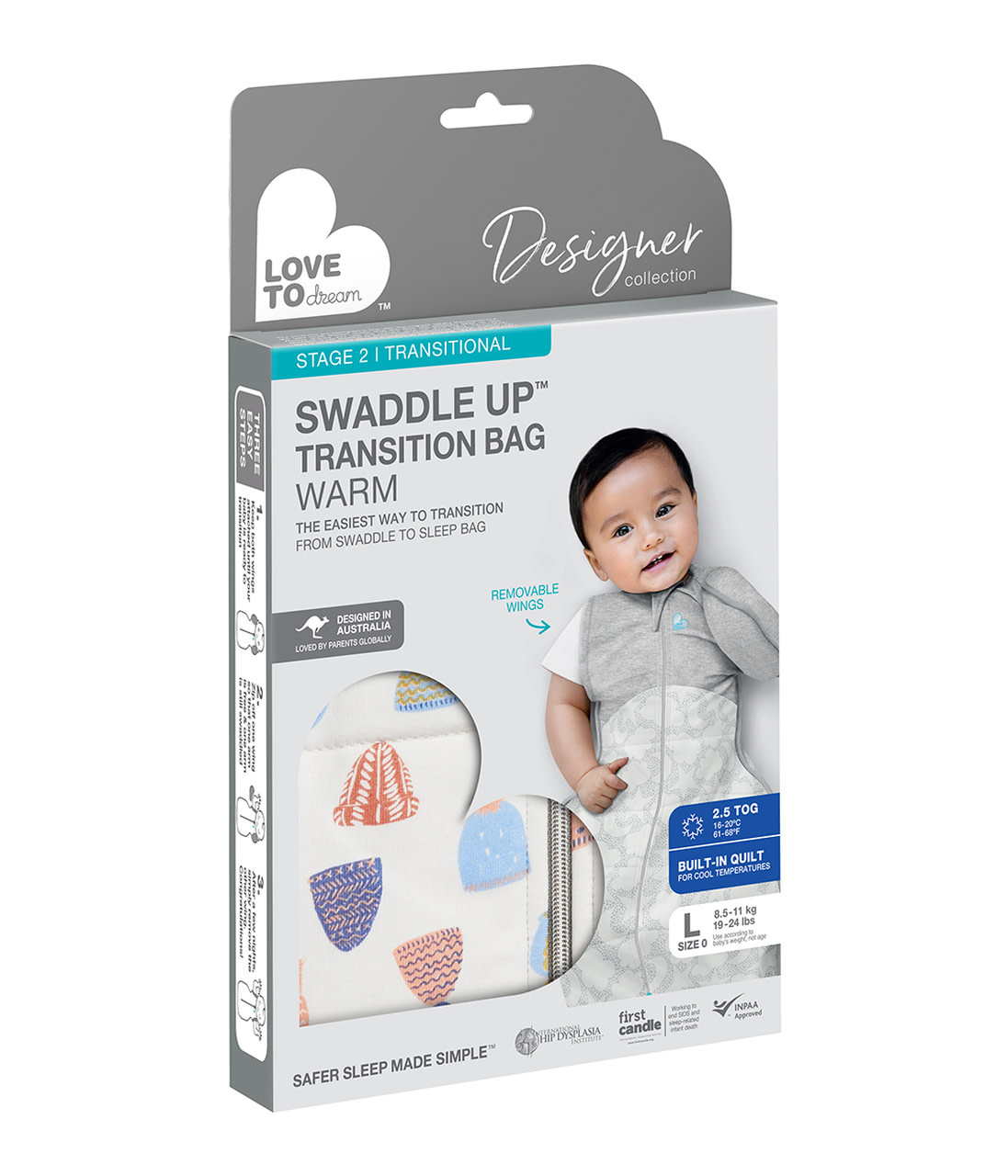 Love To Dream Love To Dream Designer Collection Swaddle Up™ Transition Bag Warm 2.5 Tog - Happy Hats White
