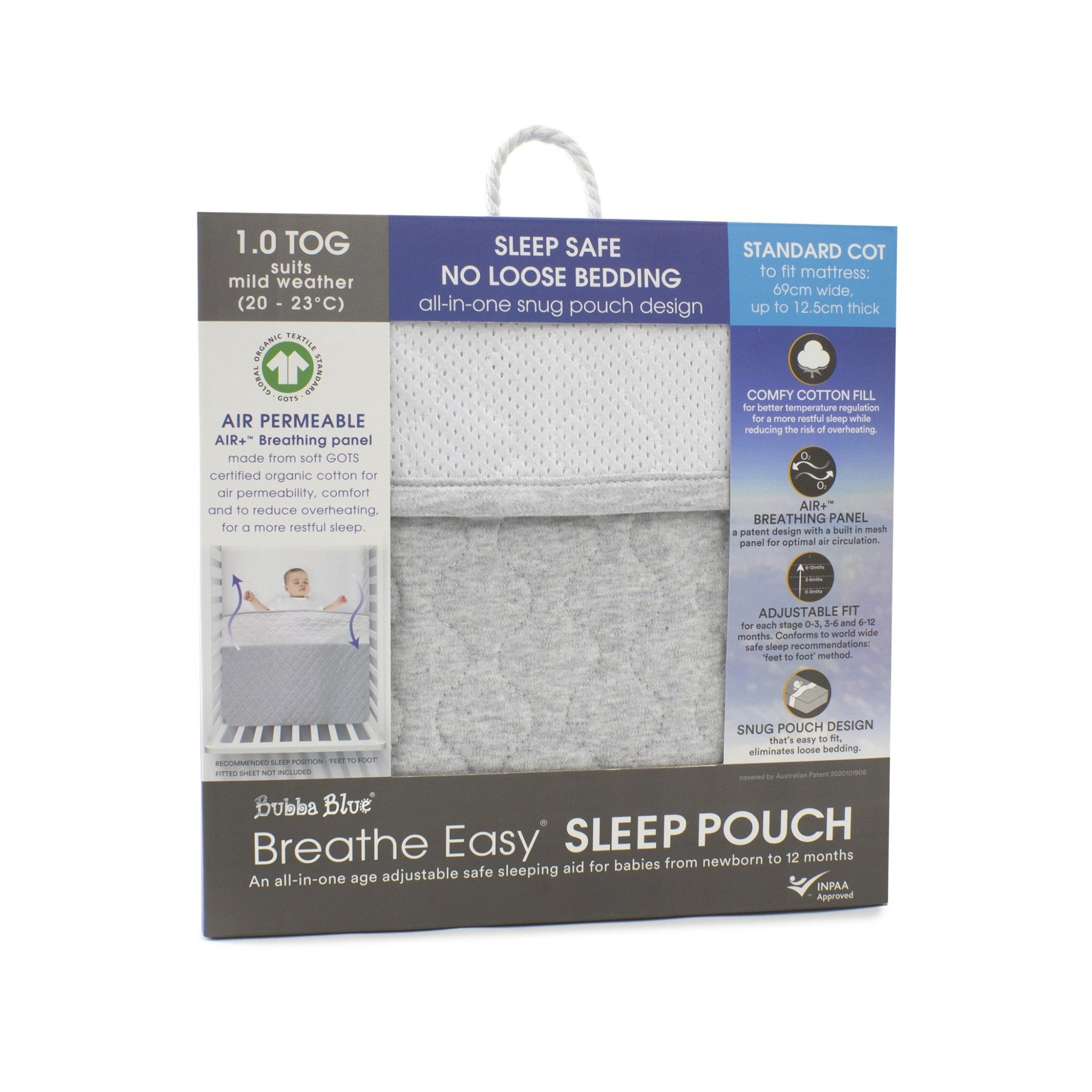 Bubba Blue Bubba Blue Breathe Easy® 1.0 Tog Sleep Pouch (White +Grey)