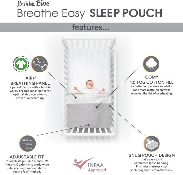 Bubba Blue Bubba Blue Breathe Easy® 1.0 Tog Sleep Pouch (White +Grey)