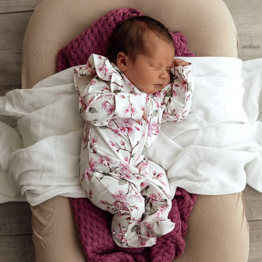 Snuggle Hunny Kids Snuggle Hunny Organic Snuggle Sleepsuit Zip Footie with Frill - Cherry Blossom