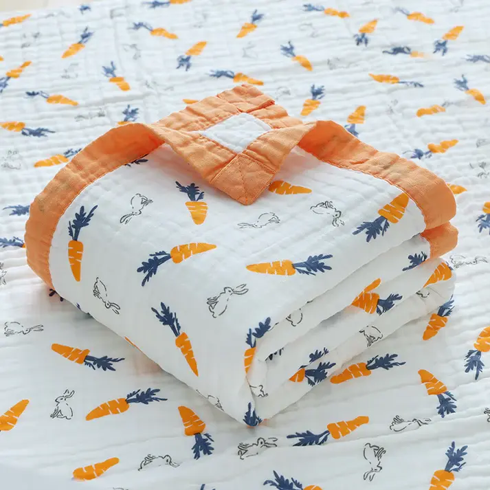 Bub2Kids Bub2Kids 6 Layer Muslin Blanket 100% Organic Cotton - Carrot & Little Bunny
