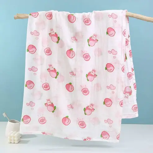 Bub2Kids Bub2Kids 1 Layer Muslin Swaddle Wrap 100% Organic Cotton - Peach & Little Bunny