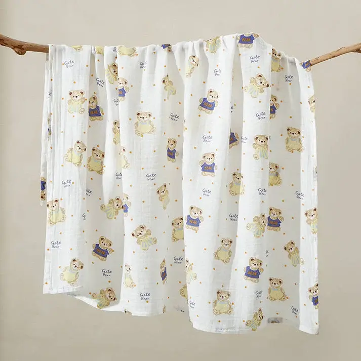 Bub2Kids Bub2Kids 1 Layer Muslin Swaddle Wrap 100% Organic Cotton - Cute Bear