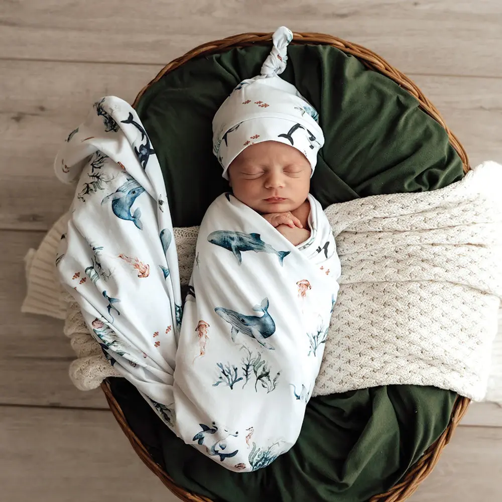 Snuggle Hunny Kids Snuggle Hunny Ocean Organic Jersey Wrap & Beanie Set