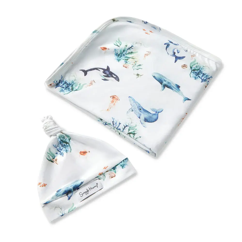 Snuggle Hunny Kids Snuggle Hunny Ocean Organic Jersey Wrap & Beanie Set